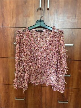 Zara Floral Textured Chiffon Ruffle Blouse
